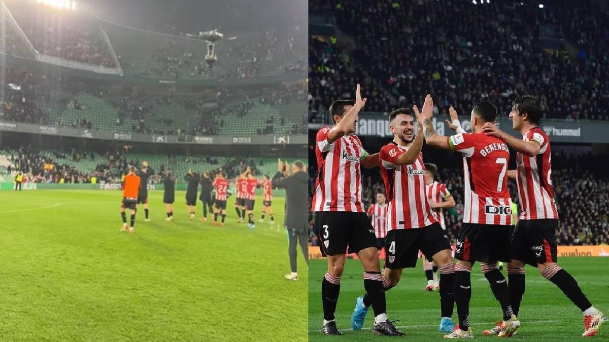 Jugadores del Athletic aplauden a los aficionados rojiblancos que se han desplazado hasta Sevilla para el encuentro en el estadio Benito Villamarín