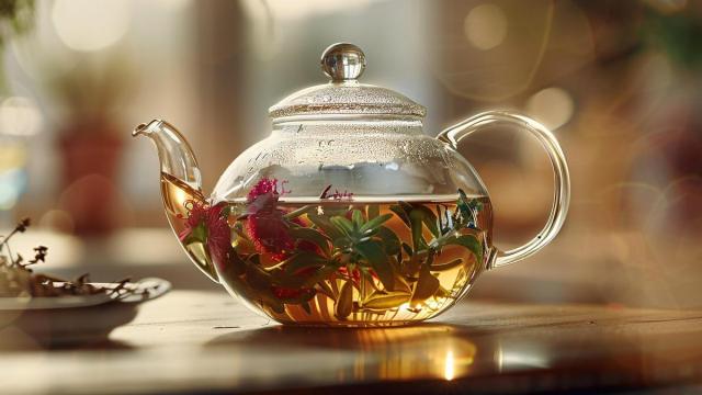 Flores infusionándose en una tetera.