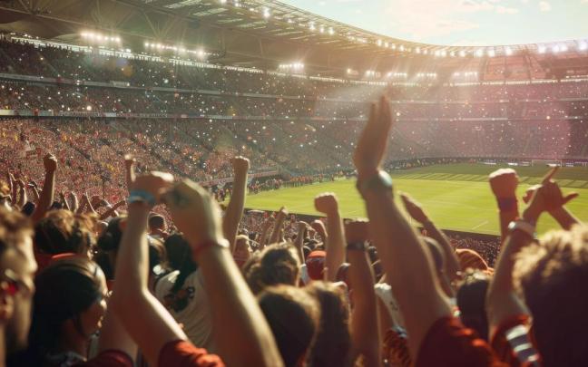 Aficionados animan a su equipo durante un partido de fútbol.