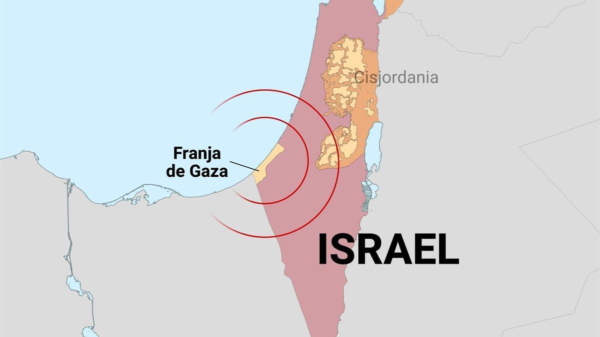 Mapa de Israel y Palestina. Destaca la franja de Gaza, desde donde Hamás lanzó el ataque del sábado.
