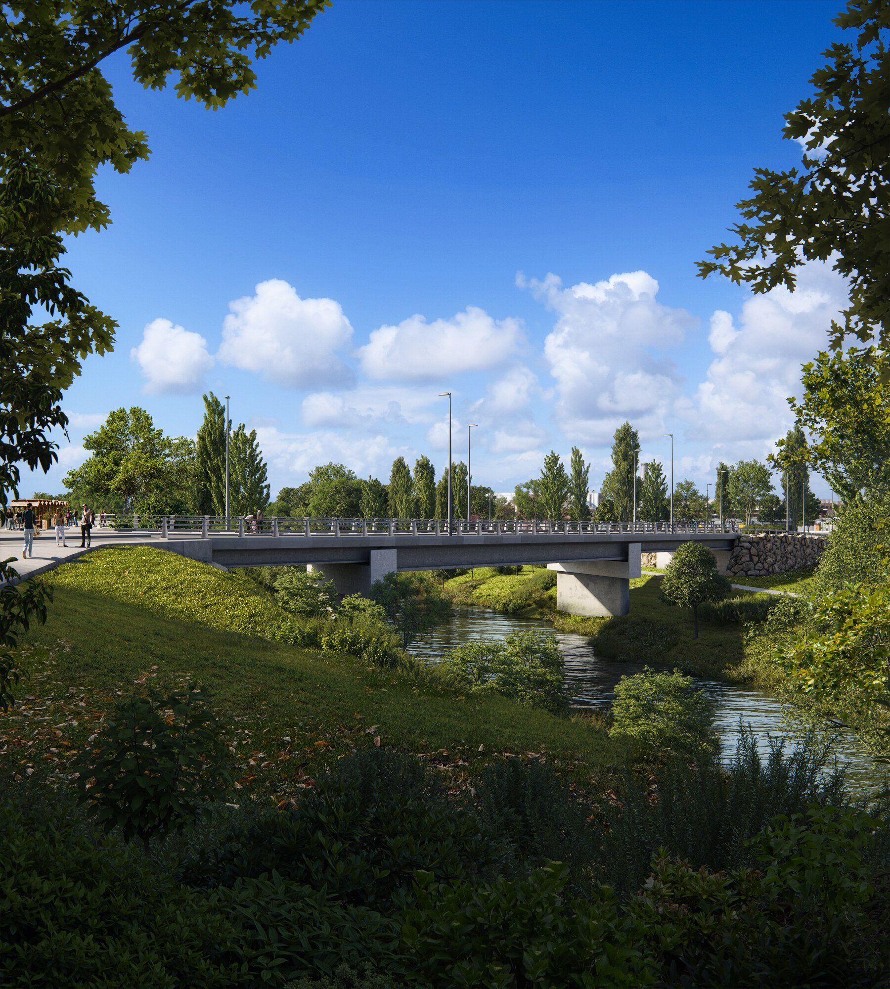 Recreación del viaducto de 80 metros que salvará el cauce del río Arga en Barañáin.