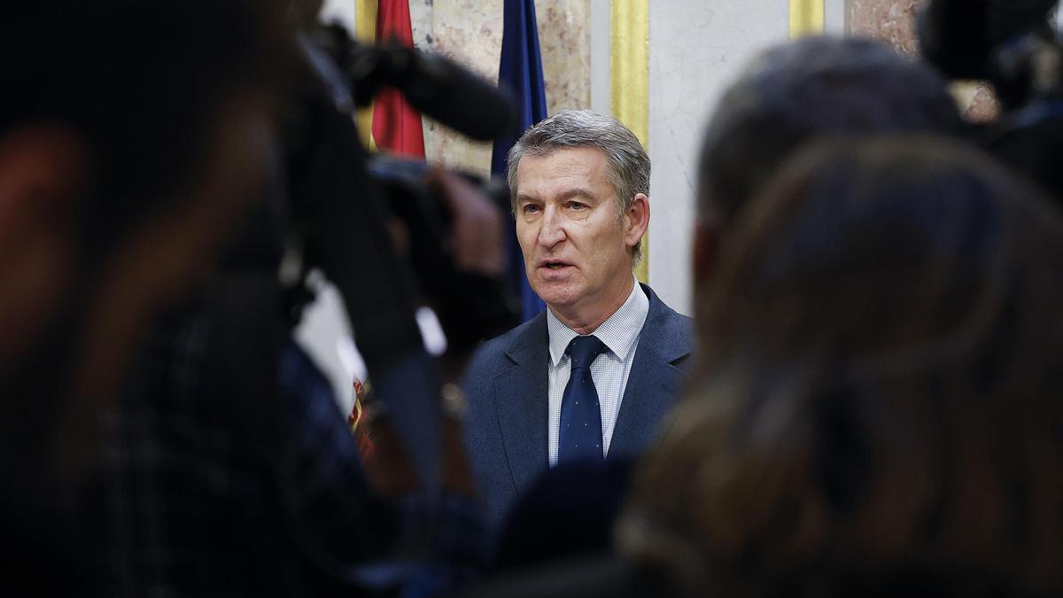 Rueda de prensa de Alberto Núñez Feijóo en el Congreso.