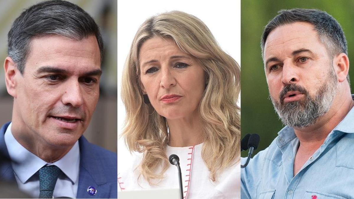 Pedro Sánchez, Yolanda Díaz y Santiago Abascal durante la campaña electoral.