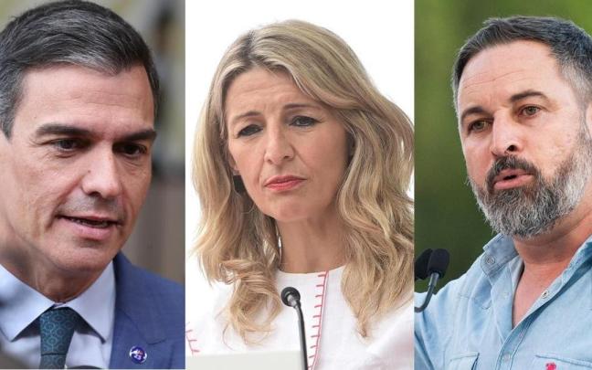Pedro Sánchez, Yolanda Díaz y Santiago Abascal durante la campaña electoral. Pedro Sánchez, Yolanda Díaz y Santiago Abascal durante la campaña electoral.