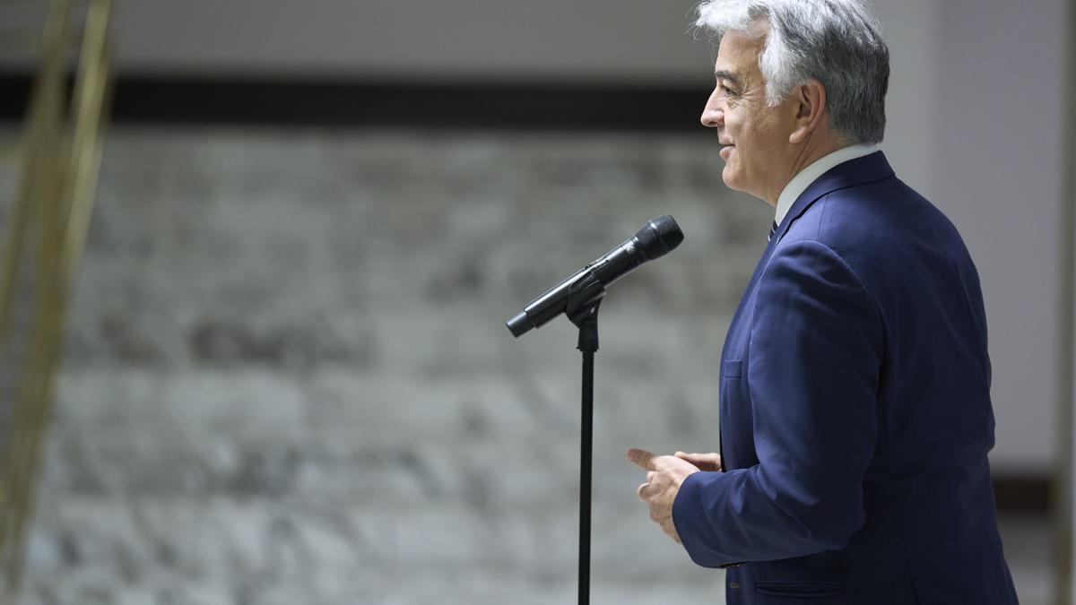 El presidente del PP de la CAV, Javier de Andrés, ofrece declaraciones momentos antes del pleno del Parlamento Vasco