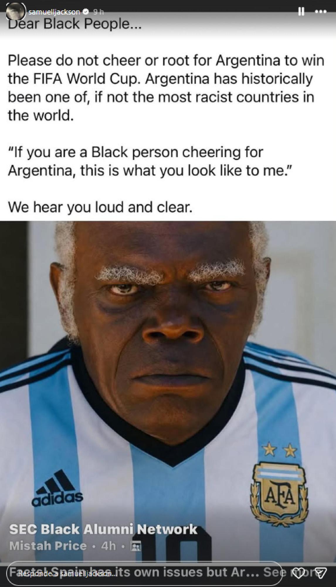 “Si eres una persona negra apoyando a Argentina, así es como te ves para mí", señaló el actor.