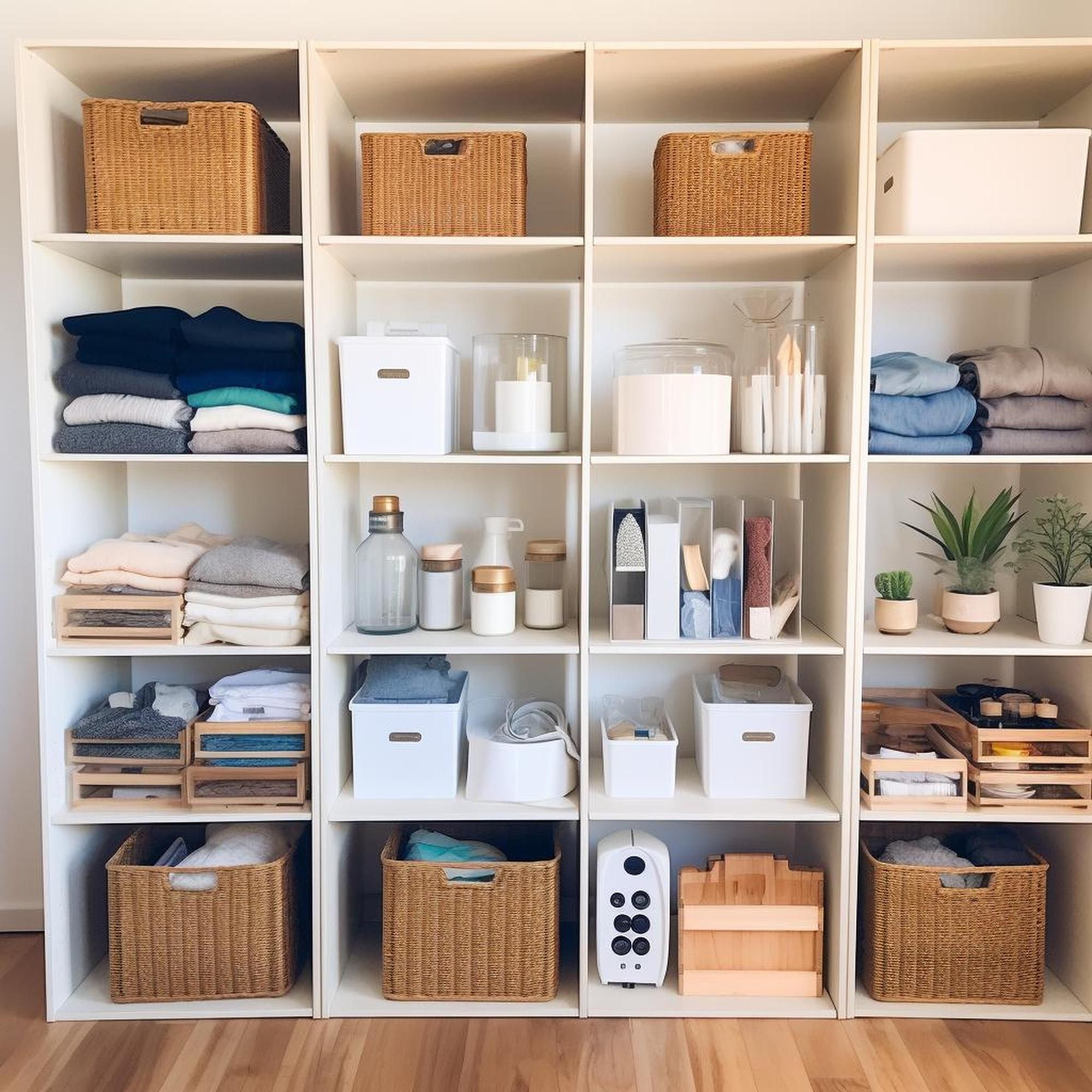 Estantería abarrotada de objetos perfectamente ordenados.