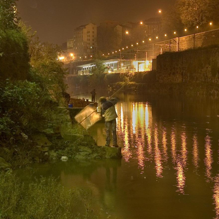 Anguleros en el río Nervión a su paso por el barrio bilbaíno de la Peña.