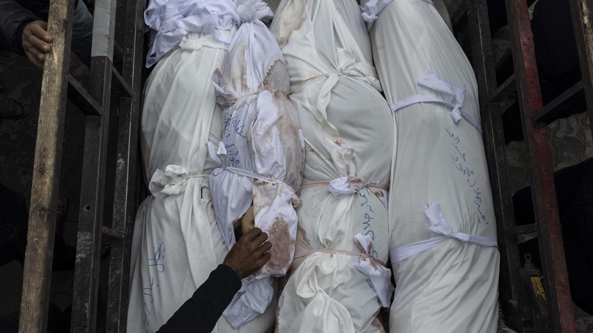 Un niño pequeño entre los cadáveres de varias víctimas de una ofensiva en la localidad de Beit Lahia, en el extremo norte de Gaza.