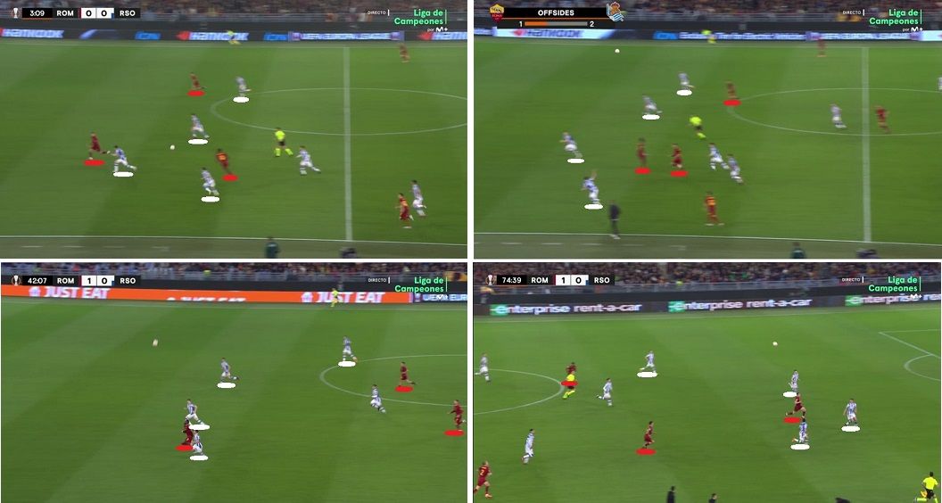 Ante una Roma que hizo del juego en largo su principal arma ofensiva, esa superioridad cuatro contra tres de la zaga txuri-urdin permitió controlar de forma eficiente los envíos directos del rival.