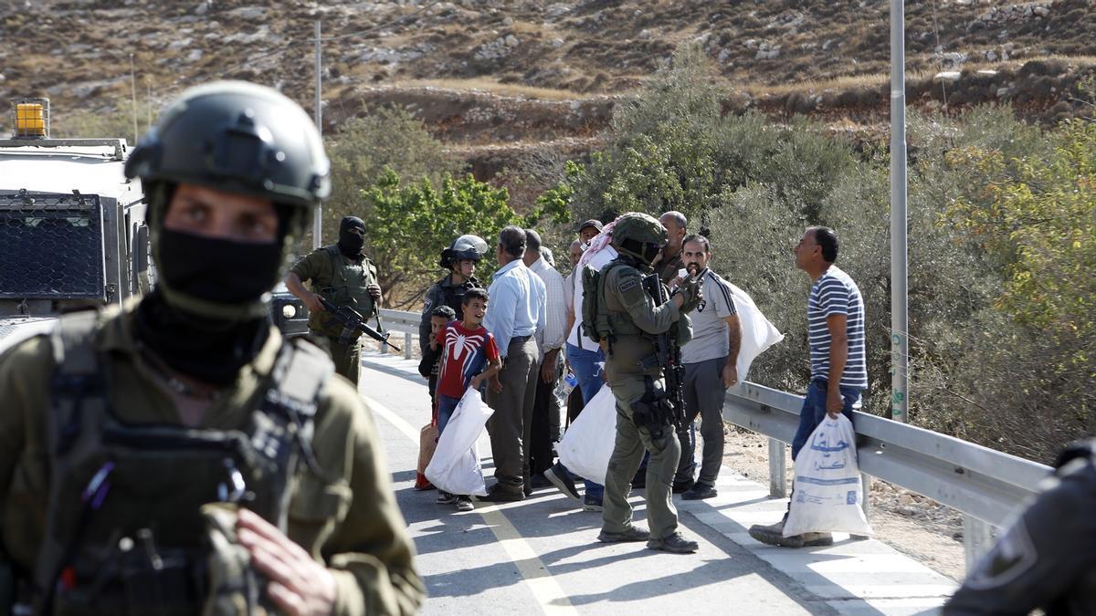 Soldados israelíes impiden a los agricultores palestinos trabajar en la recogida de aceitunas en Cisjordania.