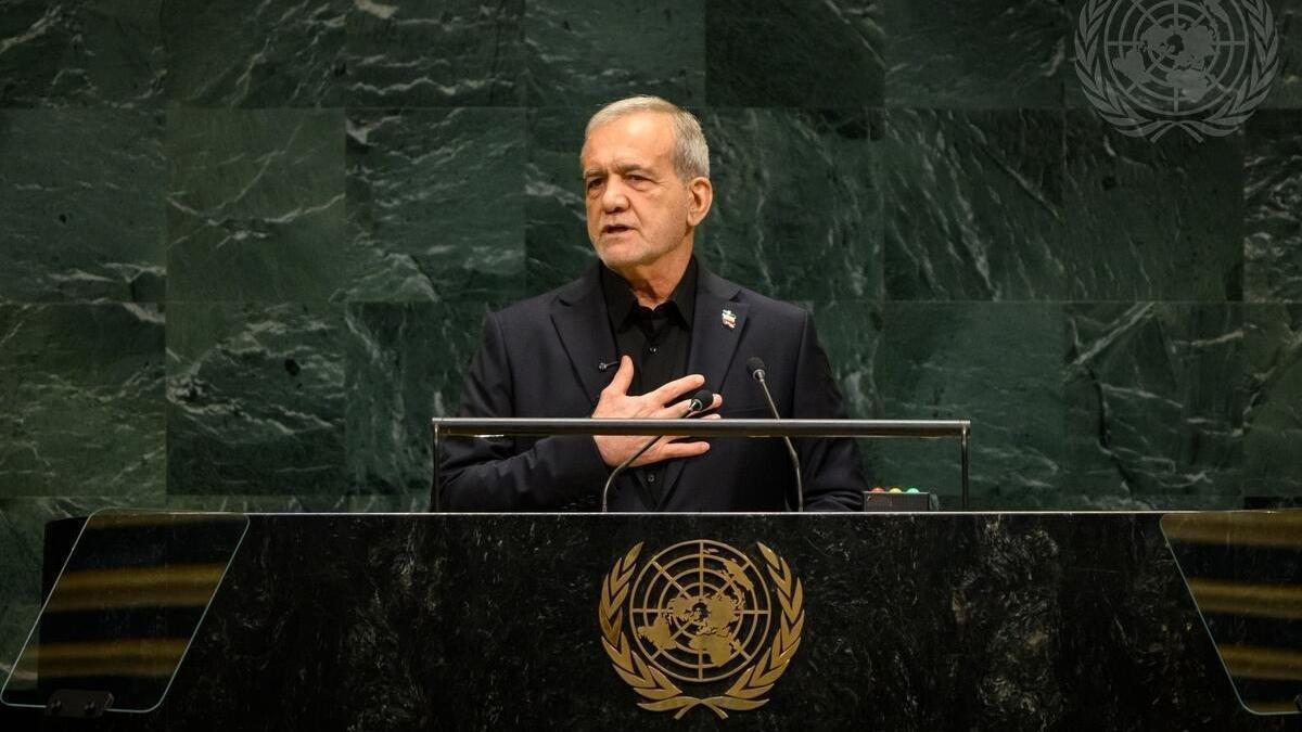 El presidente de Irán, Masud Pezeshkian, pronuncia su discurso ante la Asamblea General de la ONU.