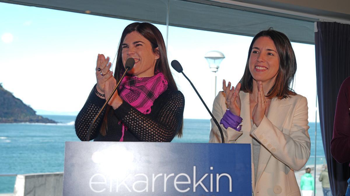 La candidata de Elkarrekin Podemos a lehendakari, Miren Gorrotxategi, junto a Irene Montero en un acto electoral.