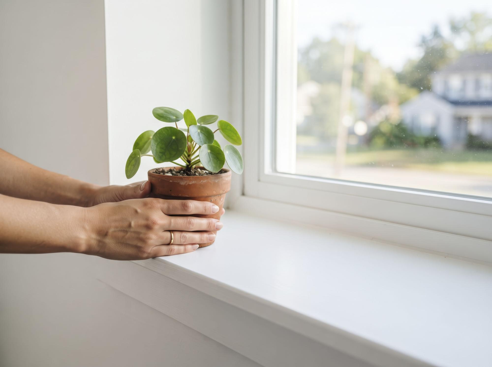 Maceta pequeña al lado de una ventana para que reciba luz solar.