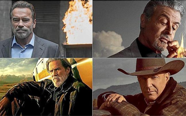 Arriba, Arnold Schwarzenegger y Sylvester Stallone. Debajo, Jeff Bridges y Kevin Costner. | FOTO: NETFLIX, SKYSHOWTIME Y DISNEY +