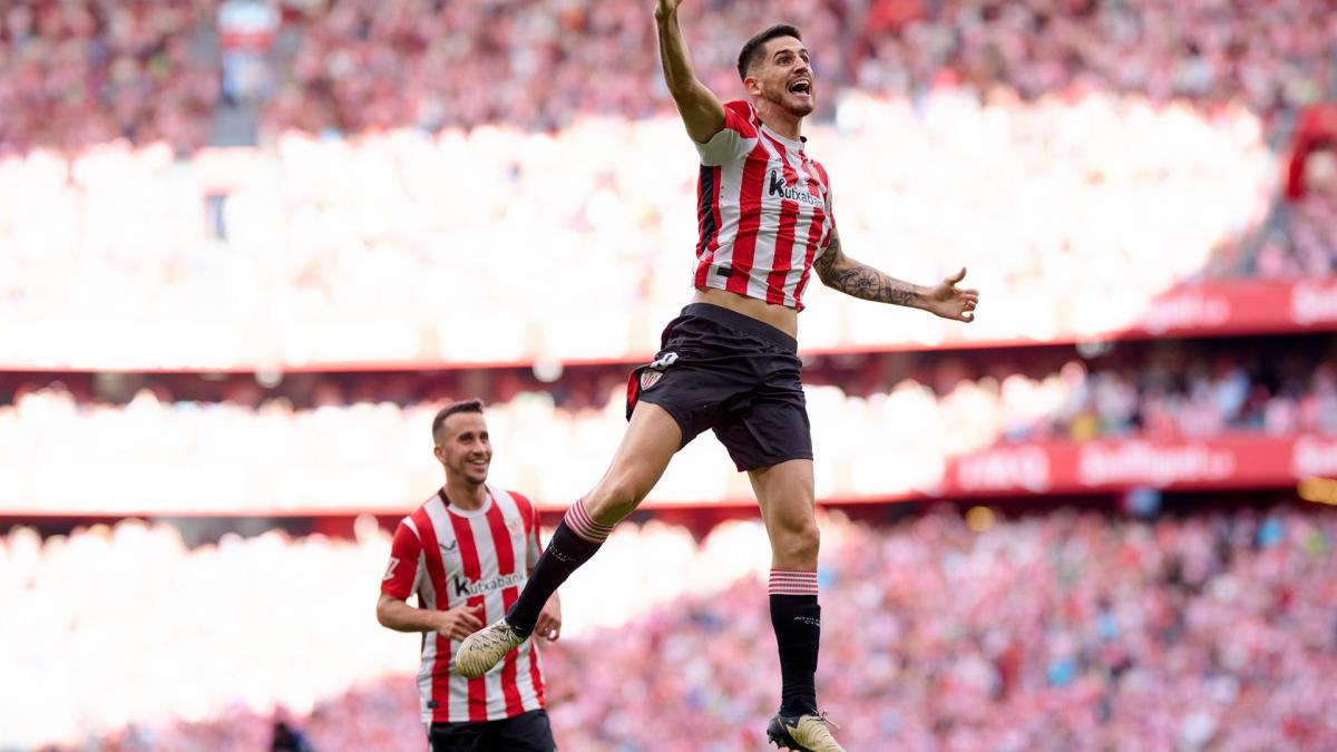Oihan Sancet celebra efusivamente ante el Getafe el primero de sus quince goles de esta temporada. / ATHLETIC CLUB