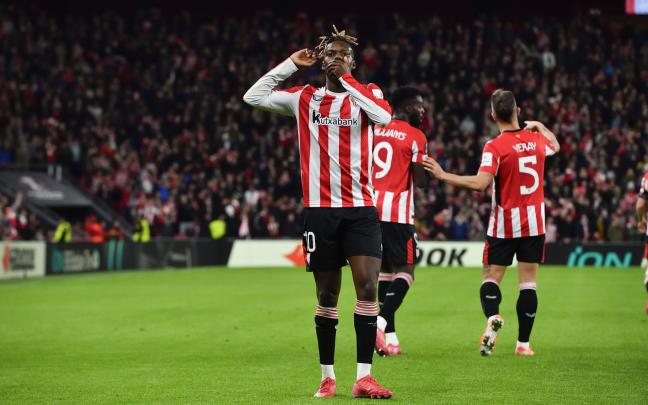 Nico Williams seguirá celebrando como rojiblanco sus goles, como este al Viktoria Plzen. / ATHLETIC CLUB Nico Williams seguirá celebrando como rojiblanco sus goles, como este al Viktoria Plzen. / ATHLETIC CLUB
