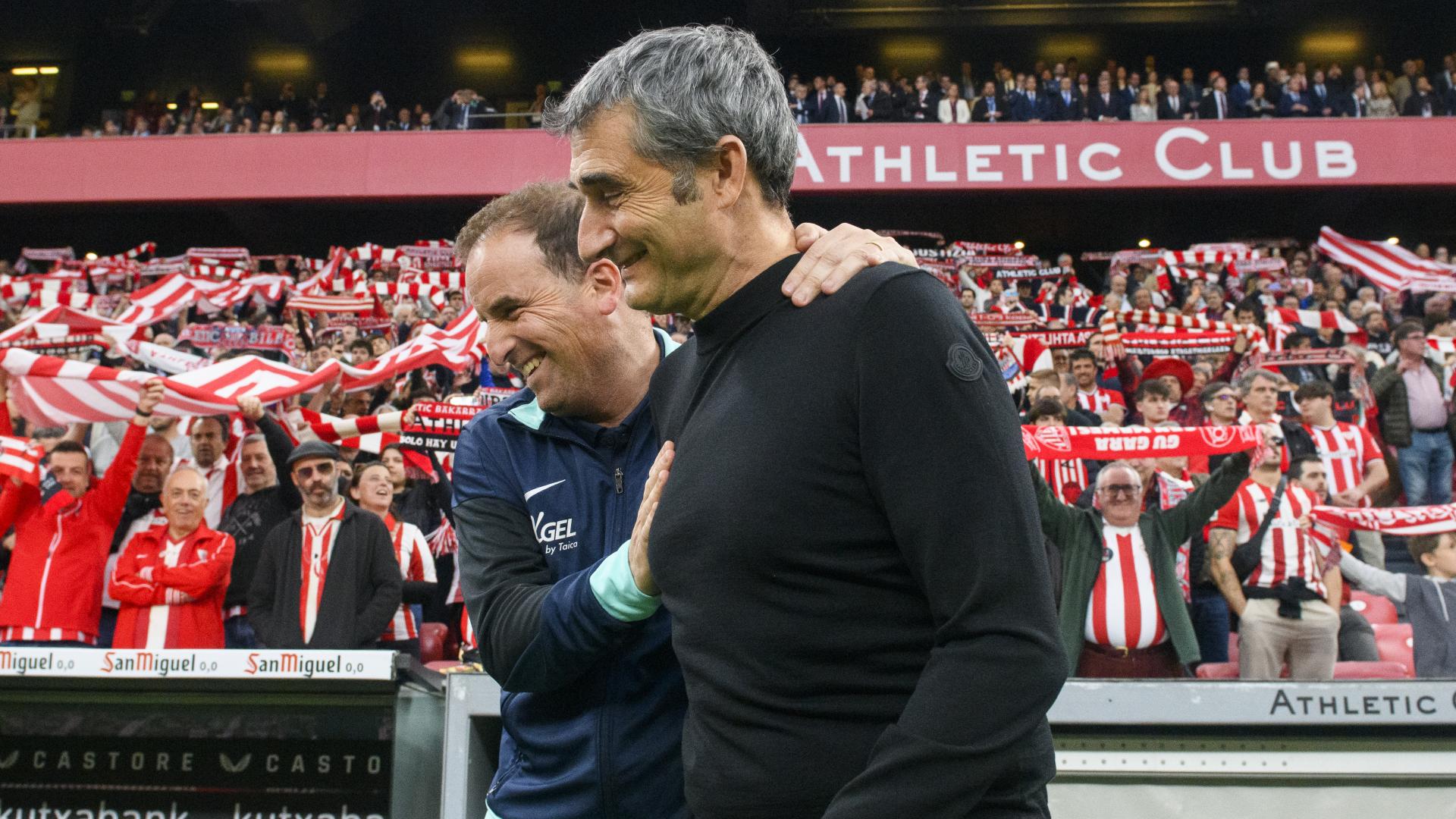 Jagoba Arrasate y Ernesto Valverde volverán a protagonizar esta imagen mañana en San Mamés. / ATHLETIC CLUB