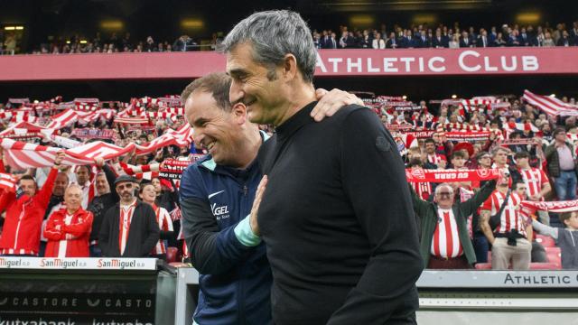 Jagoba Arrasate y Ernesto Valverde volverán a protagonizar esta imagen mañana en San Mamés. / ATHLETIC CLUB