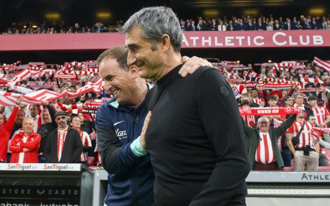 Jagoba Arrasate y Ernesto Valverde volverán a protagonizar esta imagen mañana en San Mamés. / ATHLETIC CLUB