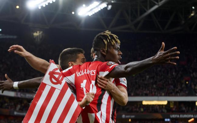 Nico Williams celebrando uno de sus goles ante la Roma en la reciente UEFA Europa League. / ATHLETIC CLUB Nico Williams celebrando uno de sus goles ante la Roma en la reciente UEFA Europa League. / ATHLETIC CLUB