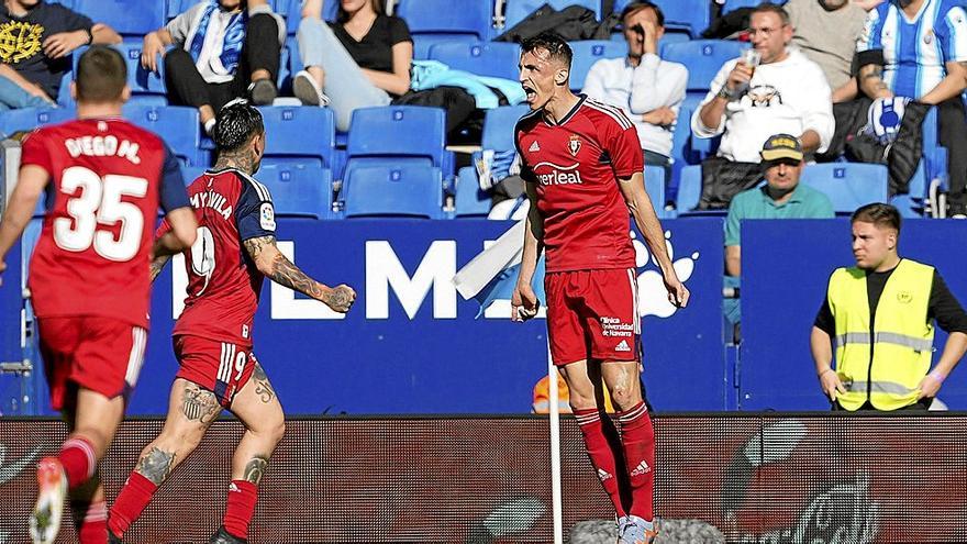 Budimir celebra su último gol, en el campo del Espanyol.