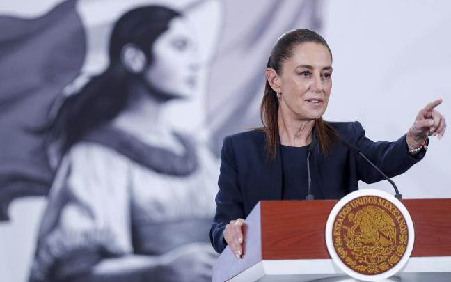 La presidenta de México, Claudia Sheinbaum, en su comparecencia en el Palacio Nacional.