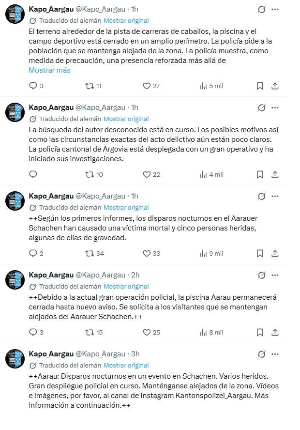 El tiroteo tuvo lugar durante un evento en Schachen, Aarau, a última hora de la noche del 29 de agosto. Varias personas resultaron heridas, según un comunicado de la Policía Cantonal de Aargau publicado en la plataforma X.