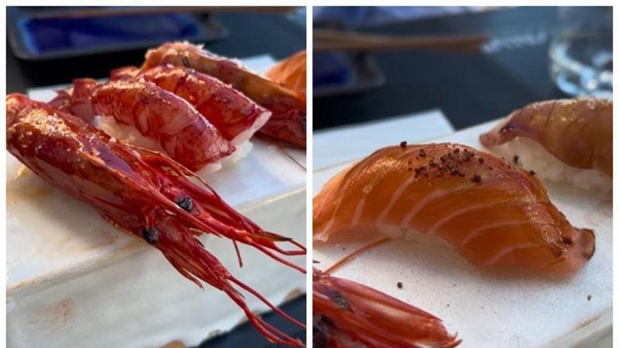 Nigiri de carabinero, pez limón y salmón del restaurante Eskura (Bermeo)