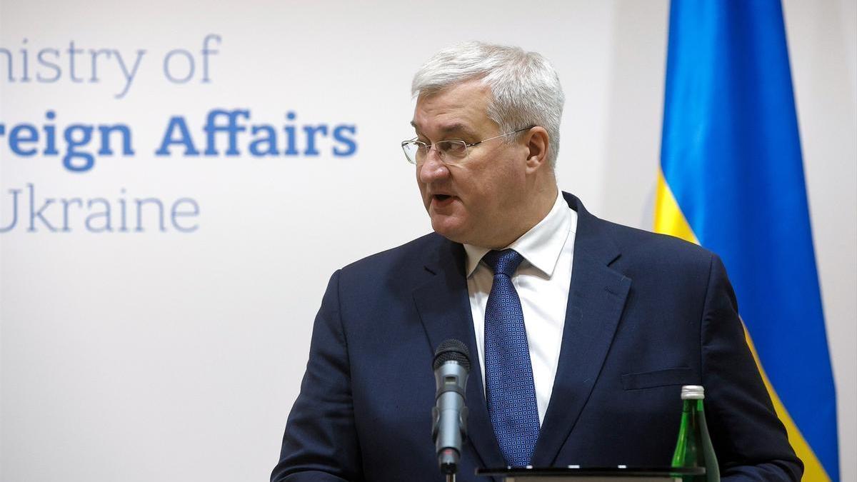 El ministro de Exteriores de Ucrania, Andri Sibiga, durante una rueda de prensa en Kiev.