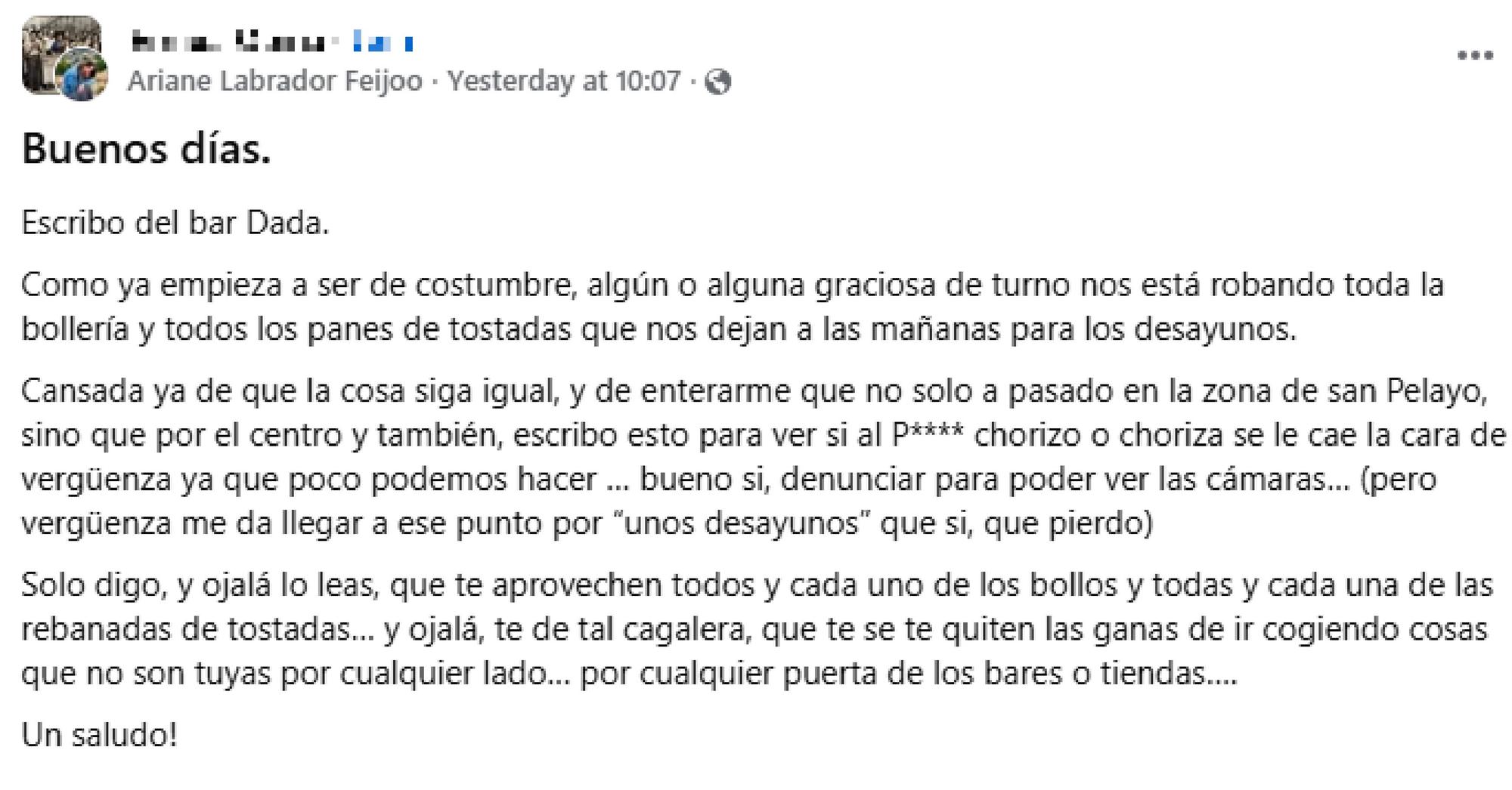 Ariane Labrador denunciaba esta situación a través de un grupo local de Facebook, harta de que se haya convertido en una “costumbre”.