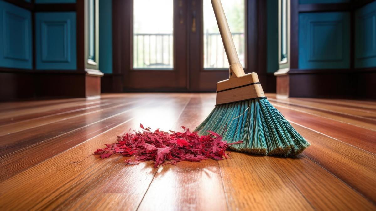 Una escoba amontona la suciedad en un suelo de madera.