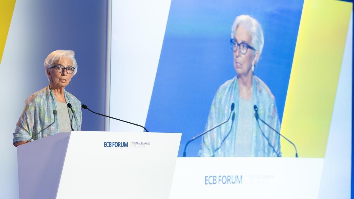 La presidenta del BCE, Christine Lagarde, durante el foro celebrado en Sintra (Portugal).