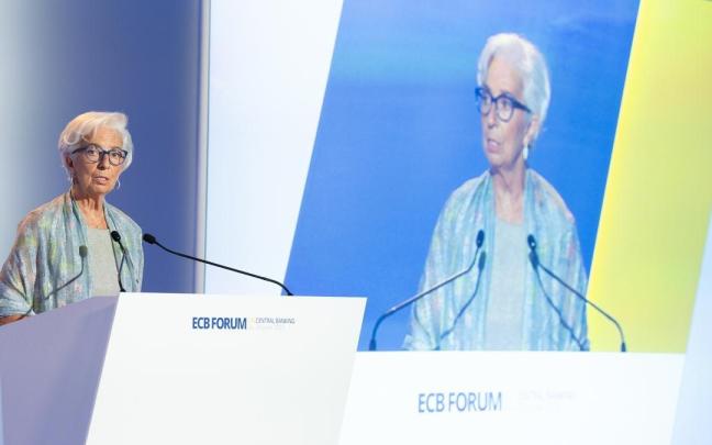 La presidenta del BCE, Christine Lagarde, durante el foro celebrado en Sintra (Portugal).