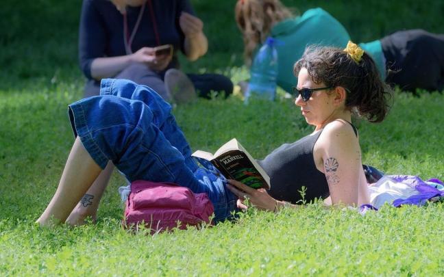 Una mujer lee un libro al sol en un parque.