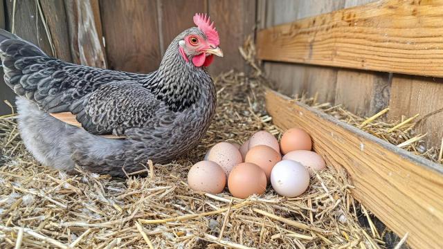 Una gallina con su nidada en un corral.