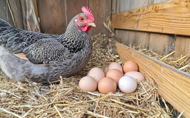 Una gallina con su nidada en un corral.