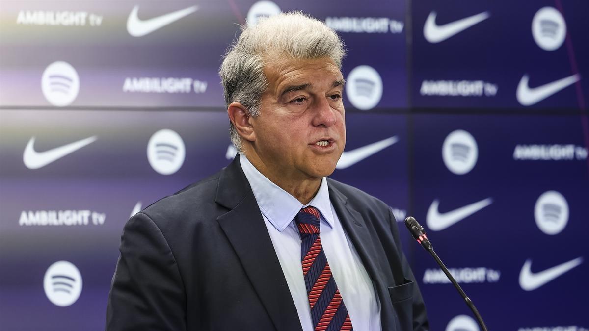 El presidente del FC Barcelona, Joan Laporta, durante la rueda de prensa.