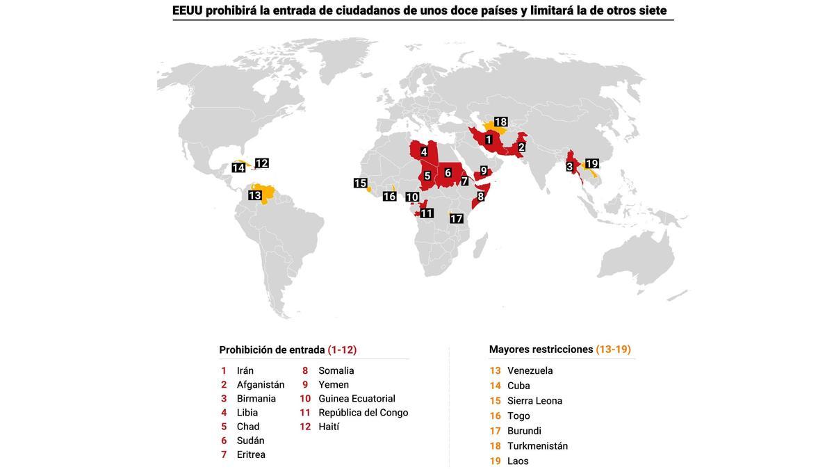 Mapa con restricciones de entrada a ciudadanos de otros países anunciadas por Estados Unidos
