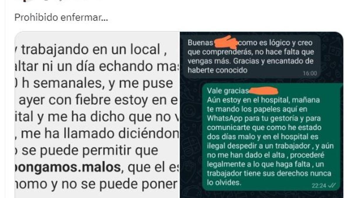 Captura de pantalla de la conversación vía WhatsApp entre un empresario de hostelería y un trabajador