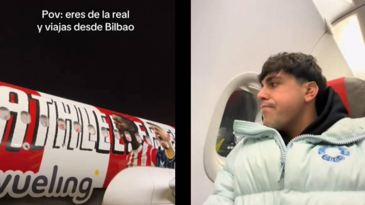 Imágenes del vídeo de un aficionado de la Real en el avión del Athletic