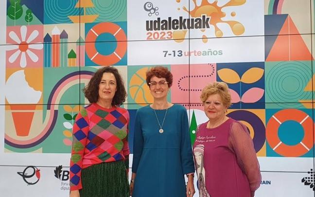 Lorea Bilbao, María José Telleria eta Ana del Val, 'Udalekuak 2023' kanpainaren aurkezpenean.