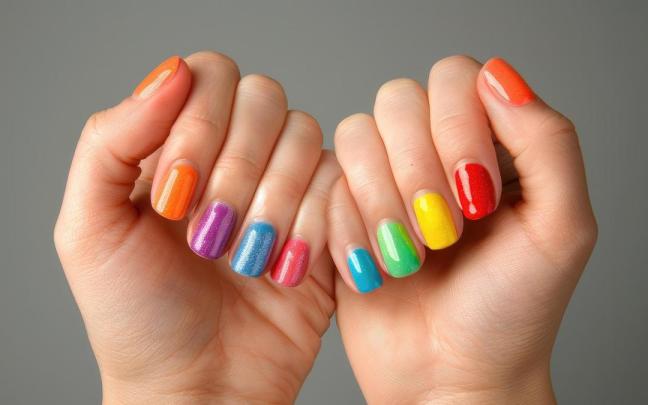 Dos manos con las uñas pintadas de diferentes colores.