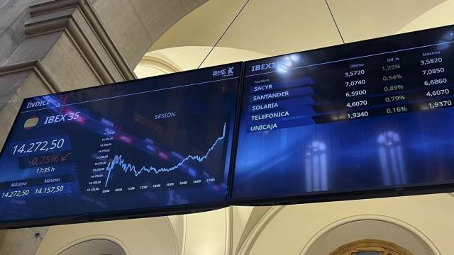 Dos pantallas en el Palacio de la Bolsa de Madrid muestran la evolución del Ibex 35 tras el anuncio de aranceles de Trump. / EFE Dos pantallas en el Palacio de la Bolsa de Madrid muestran la evolución del Ibex 35 tras el anuncio de aranceles de Trump.