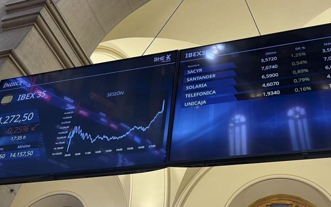 Dos pantallas en el Palacio de la Bolsa de Madrid muestran la evolución del Ibex 35 tras el anuncio de aranceles de Trump. / EFE Dos pantallas en el Palacio de la Bolsa de Madrid muestran la evolución del Ibex 35 tras el anuncio de aranceles de Trump.