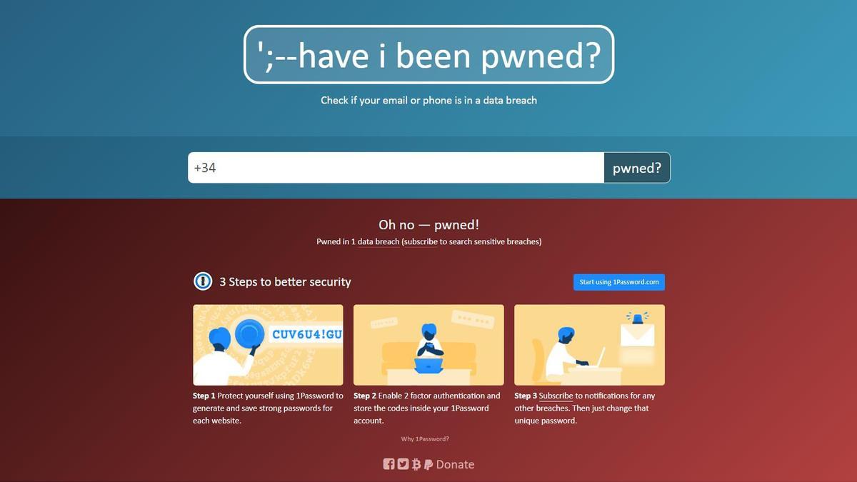 El recuadro rojo avisa de que el numero de teléfono o el email está en alguna lista de datos robada.