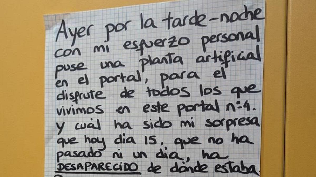 El comienzo de la nota de la vecina.