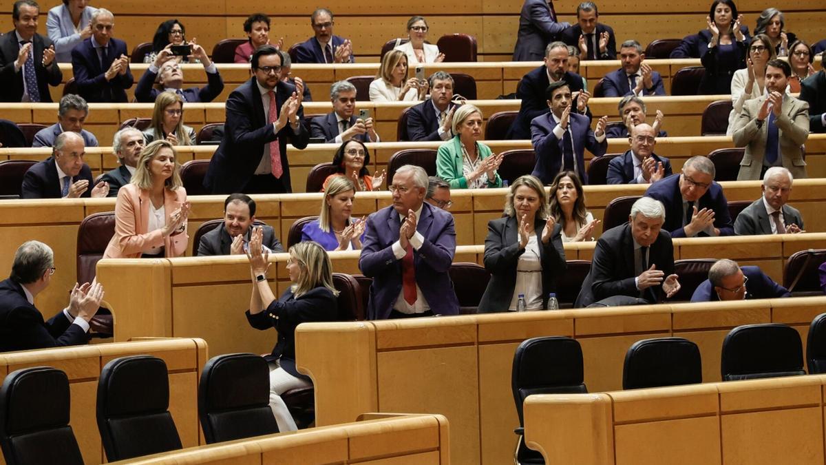 Los senadores populares aplauden tras la aprobación este martes el veto del PP a la proposición de ley de amnistía, que deberá volver al Congreso para recibir la luz verde definitiva y entrar en vigor, tras el pleno del Senado.