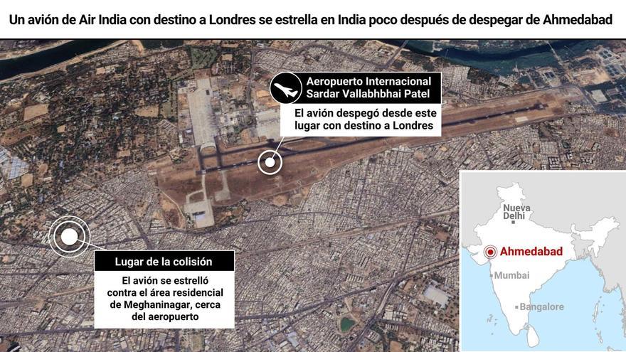 Mapa con localización del avión que se ha estrellado en India.