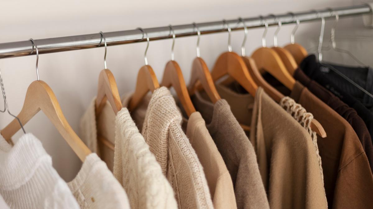 Jerseys y chaquetas cuelgan de la barra de un armario.